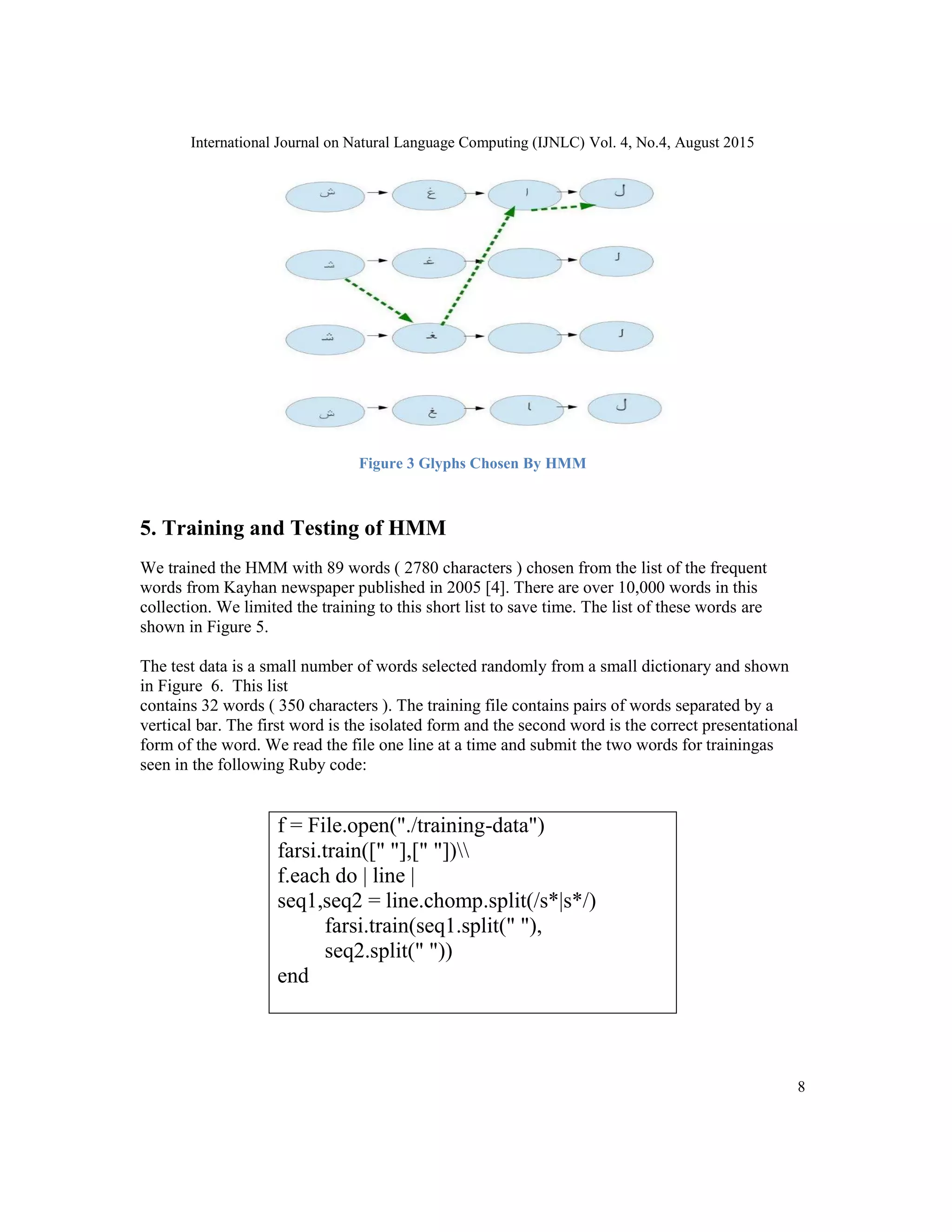 International Journal on Natural Language Computing (IJNLC) Vol. 4, No.4, August 2015
8
Figure 3 Glyphs Chosen By HMM
5. Training and Testing of HMM
We trained the HMM with 89 words ( 2780 characters ) chosen from the list of the frequent
words from Kayhan newspaper published in 2005 [4]. There are over 10,000 words in this
collection. We limited the training to this short list to save time. The list of these words are
shown in Figure 5.
The test data is a small number of words selected randomly from a small dictionary and shown
in Figure 6. This list
contains 32 words ( 350 characters ). The training file contains pairs of words separated by a
vertical bar. The first word is the isolated form and the second word is the correct presentational
form of the word. We read the file one line at a time and submit the two words for trainingas
seen in the following Ruby code:
f = File.open("./training-data")
farsi.train([" "],[" "])
f.each do | line |
seq1,seq2 = line.chomp.split(/s*|s*/)
farsi.train(seq1.split(" "),
seq2.split(" "))
end
 