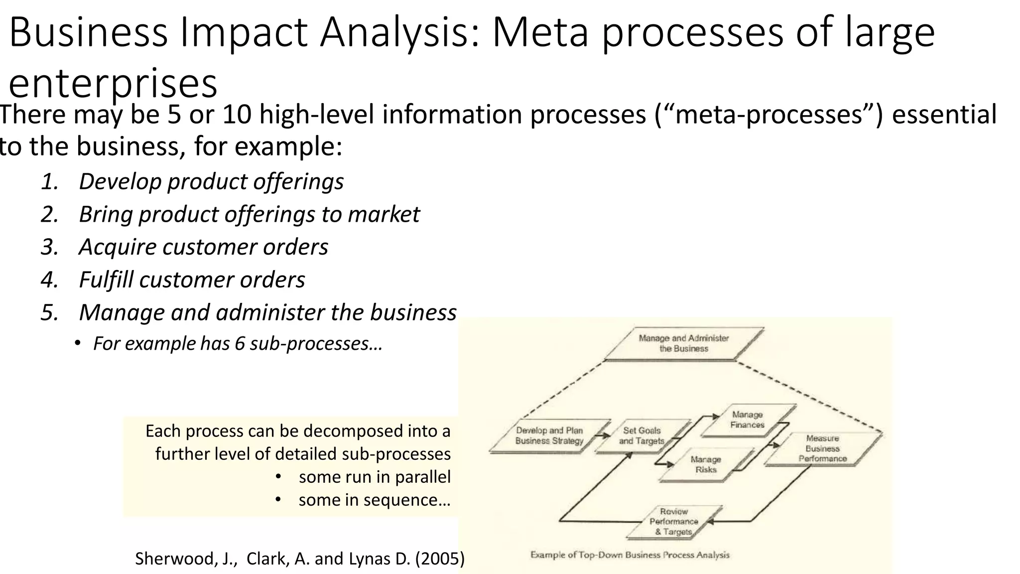 Each process can be decomposed into a
further level of detailed sub-processes
• some run in parallel
• some in sequence…
Business Impact Analysis: Meta processes of large
enterprises
There may be 5 or 10 high-level information processes (“meta-processes”) essential
to the business, for example:
1. Develop product offerings
2. Bring product offerings to market
3. Acquire customer orders
4. Fulfill customer orders
5. Manage and administer the business
• For example has 6 sub-processes…
Sherwood, J., Clark, A. and Lynas D. (2005)
 