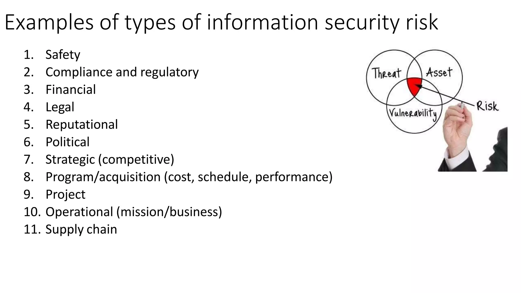 Examples of types of information security risk
1. Safety
2. Compliance and regulatory
3. Financial
4. Legal
5. Reputational
6. Political
7. Strategic (competitive)
8. Program/acquisition (cost, schedule, performance)
9. Project
10. Operational (mission/business)
11. Supply chain
 