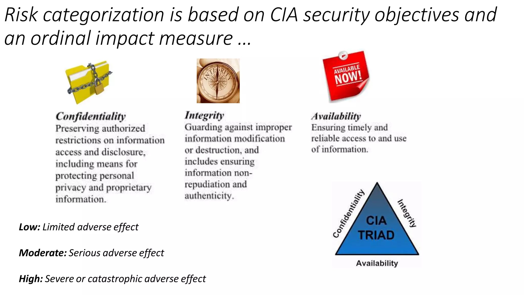 Risk categorization is based on CIA security objectives and
an ordinal impact measure …
Low: Limited adverse effect
Moderate: Serious adverse effect
High: Severe or catastrophic adverse effect
 