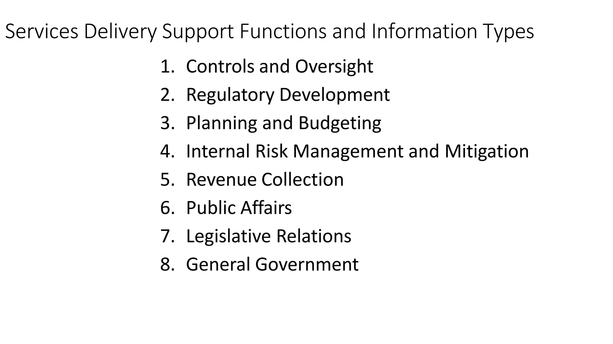 Services Delivery Support Functions and Information Types
1. Controls and Oversight
2. Regulatory Development
3. Planning and Budgeting
4. Internal Risk Management and Mitigation
5. Revenue Collection
6. Public Affairs
7. Legislative Relations
8. General Government
 