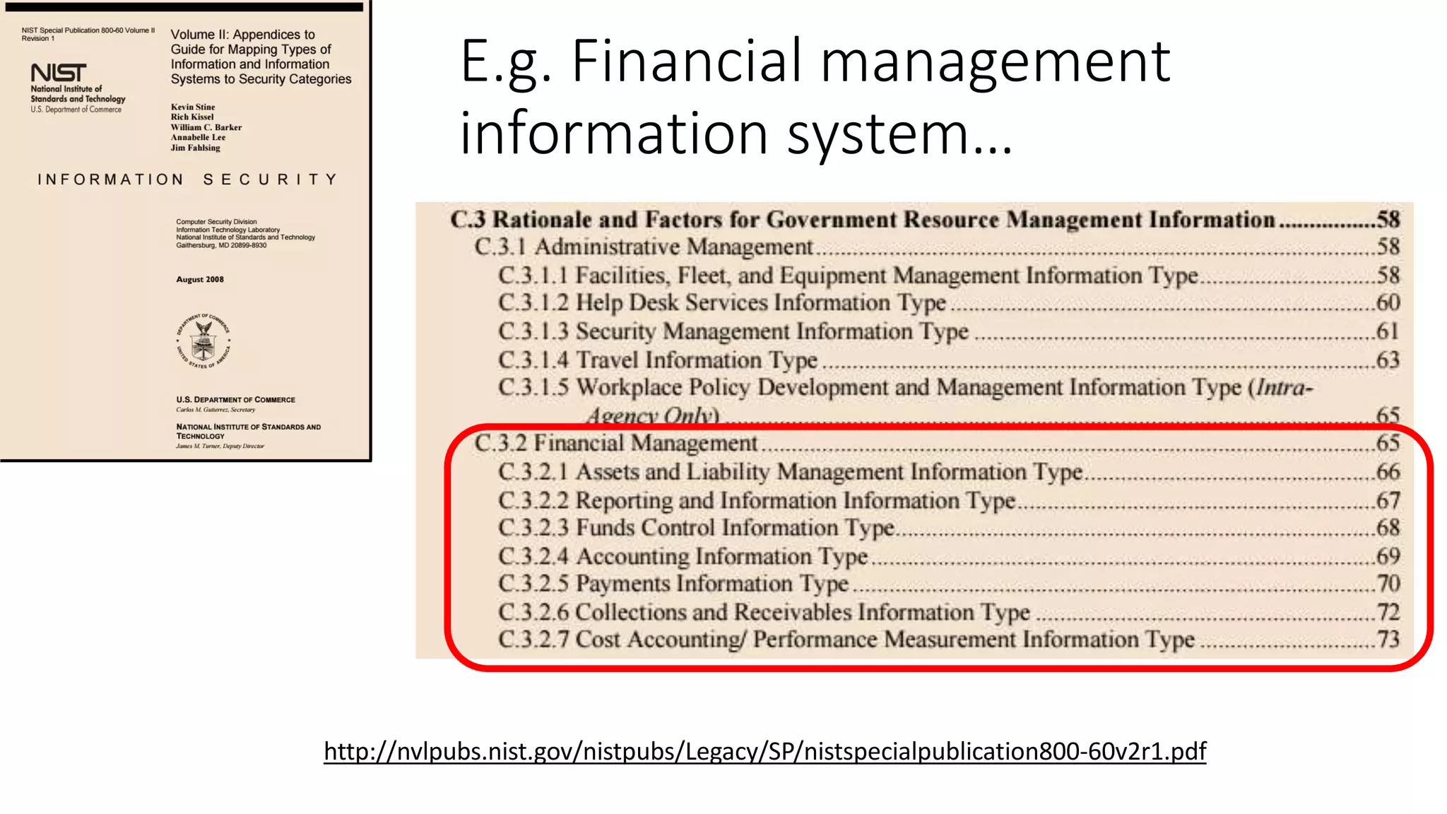 http://nvlpubs.nist.gov/nistpubs/Legacy/SP/nistspecialpublication800-60v2r1.pdf
E.g. Financial management
information system…
 
