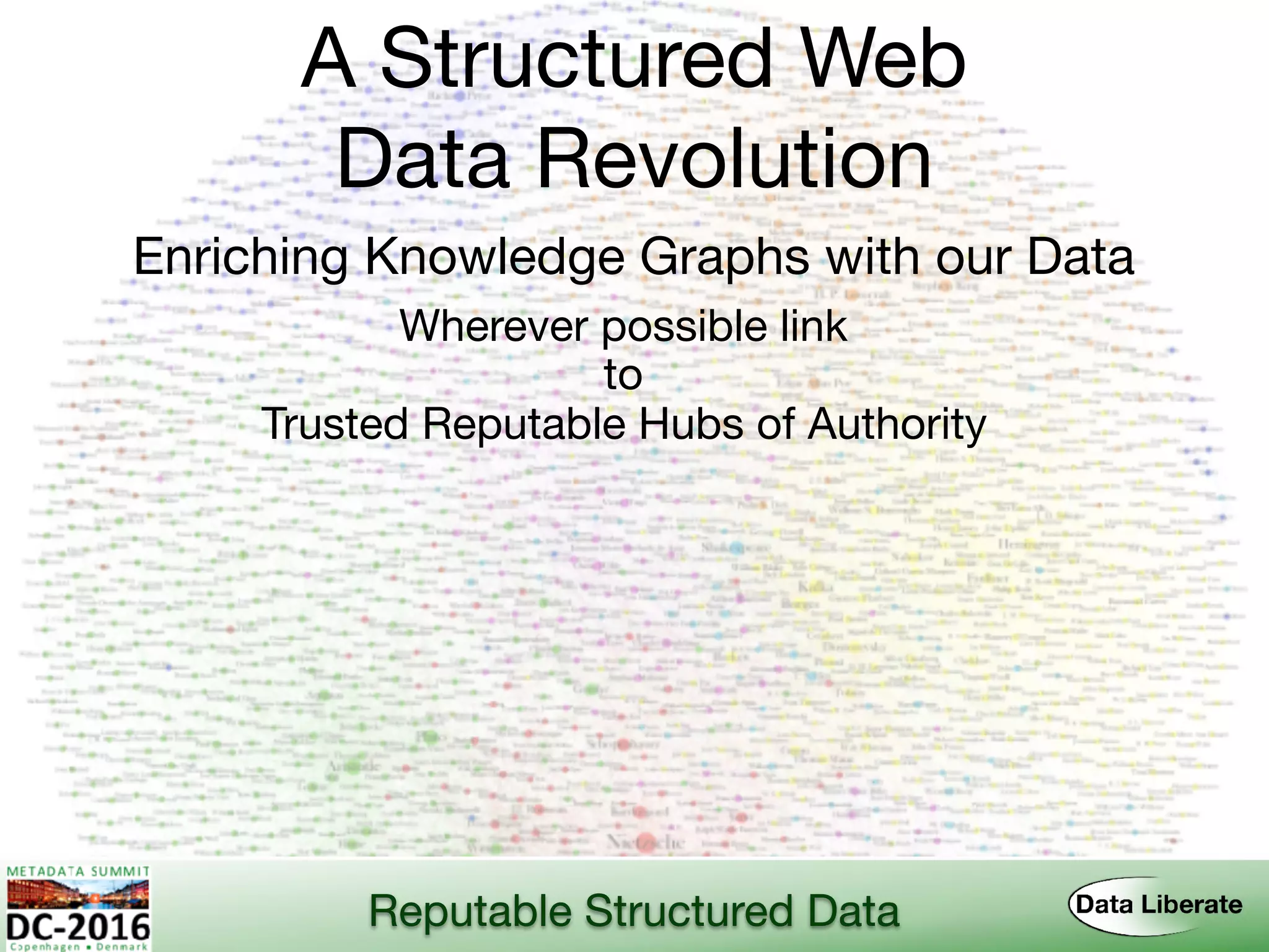 A Structured Web 
Data Revolution
Enriching Knowledge Graphs with our Data
Reputable Structured Data
Trusted Reputable Hubs of Authority
Wherever possible link
to
 