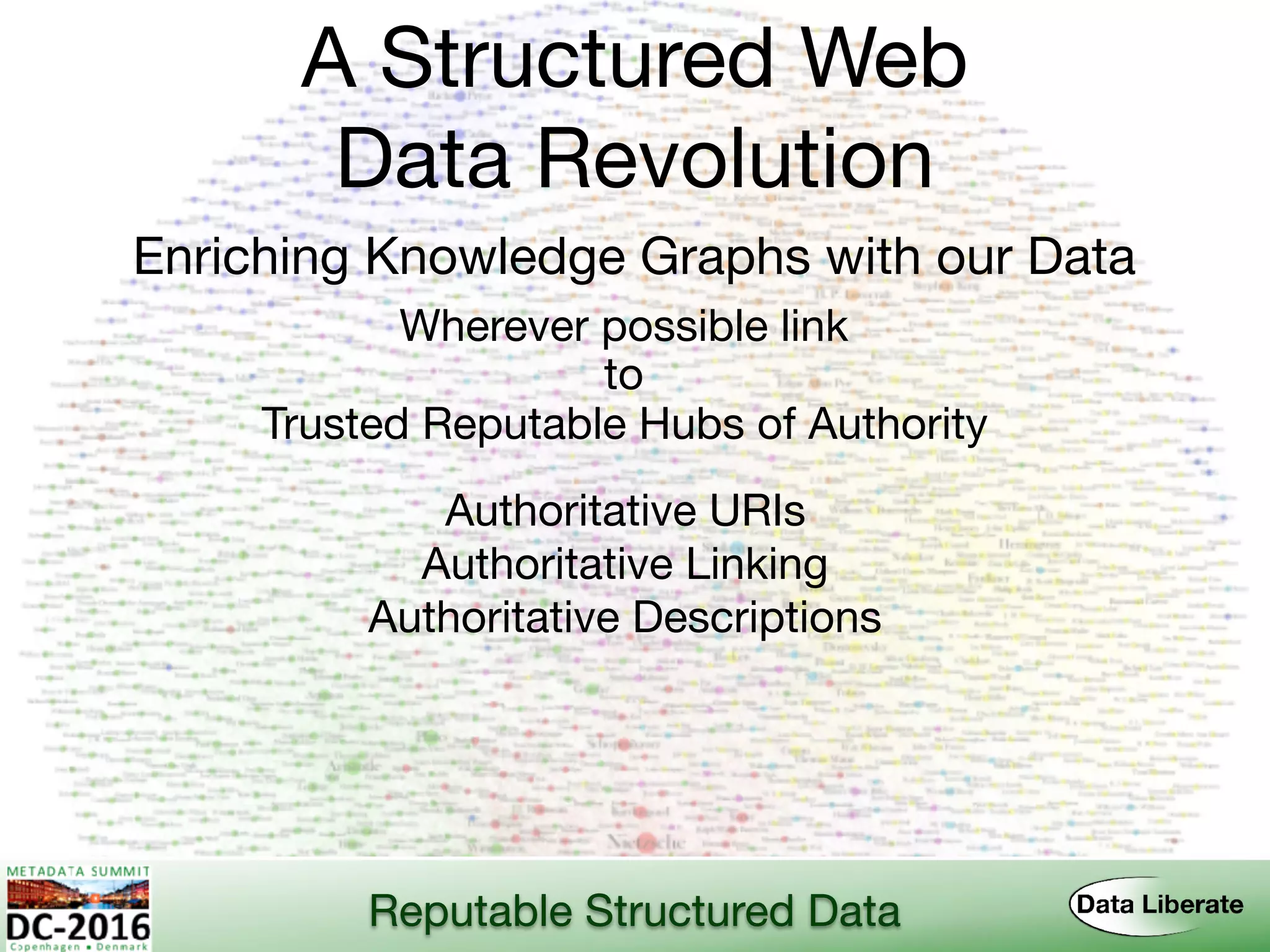 A Structured Web 
Data Revolution
Enriching Knowledge Graphs with our Data
Reputable Structured Data
Trusted Reputable Hubs of Authority
Authoritative URIs
Authoritative Linking
Authoritative Descriptions
Wherever possible link
to
 