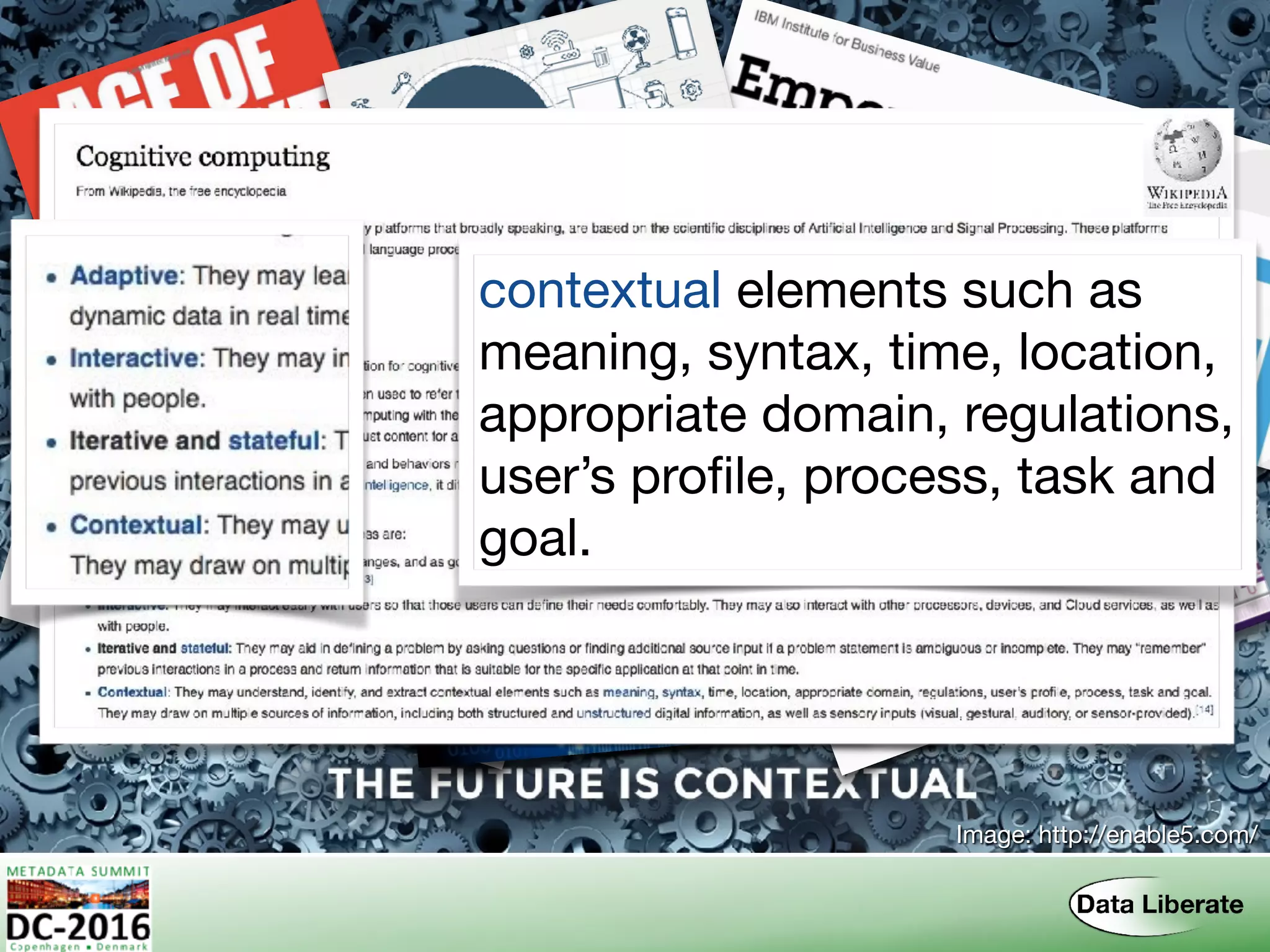 Image: http://enable5.com/
contextual elements such as
meaning, syntax, time, location,
appropriate domain, regulations,
user’s proﬁle, process, task and
goal.
 