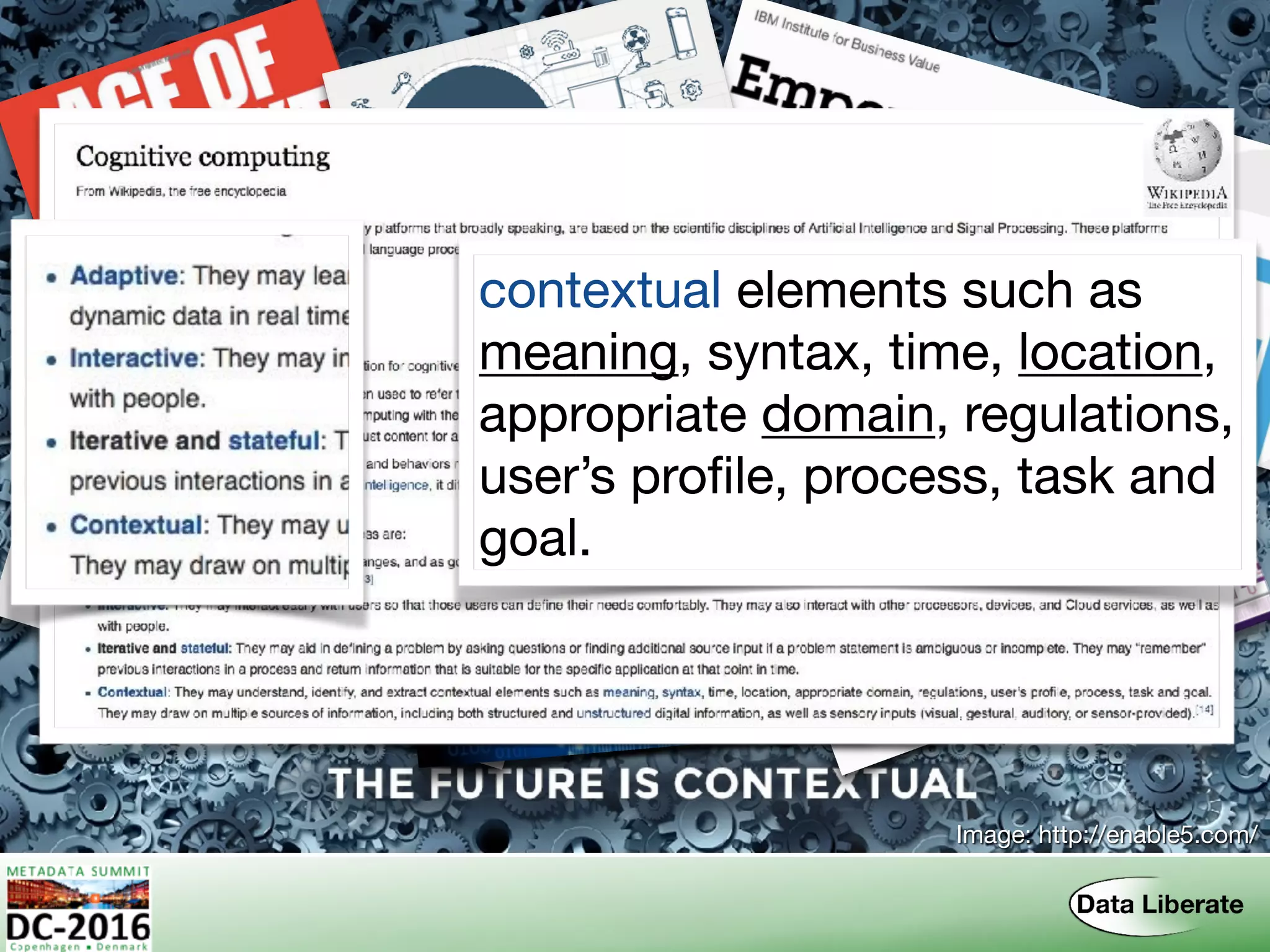 Image: http://enable5.com/
contextual elements such as
meaning, syntax, time, location,
appropriate domain, regulations,
user’s proﬁle, process, task and
goal.
contextual elements such as
meaning, syntax, time, location,
appropriate domain, regulations,
user’s proﬁle, process, task and
goal.
 