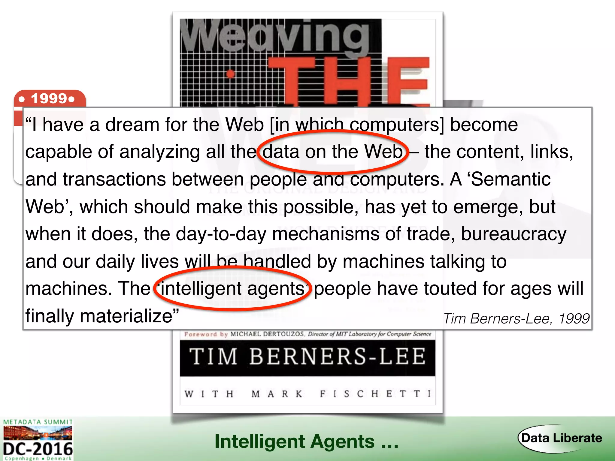 ● 1999●
Tim Berners-Lee, 1999
“I have a dream for the Web [in which computers] become
capable of analyzing all the data on the Web – the content, links,
and transactions between people and computers. A ‘Semantic
Web’, which should make this possible, has yet to emerge, but
when it does, the day-to-day mechanisms of trade, bureaucracy
and our daily lives will be handled by machines talking to
machines. The ‘intelligent agents’ people have touted for ages will
ﬁnally materialize”
Intelligent Agents …
 