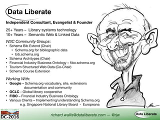 Independent Consultant, Evangelist & Founder
Working With:
• Google – Schema.org vocabulary, site, extensions  
documentation and community
• OCLC - Global library cooperative
• FIBO – Financial Industry Business Ontology
• Various Clients – Implementing/understanding Schema.org
e.g. Singapore National Library Board - Europeana
W3C Community Groups:
• Schema Bib Extend (Chair)

• Schema.org for bibliographic data

• bib.schema.org
• Schema Architypes (Chair)
• Financial Industry Business Ontology – fibo.schema.org
• Tourism Structured Web Data (Co-Chair)
• Schema Course Extension
richard.wallis@dataliberate.com — @rjw
25+ Years – Library systems technology
10+ Years – Semantic Web & Linked Data
 