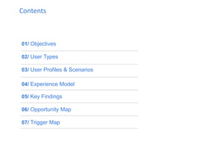 01/ Objectives 
02/ User Types 
03/ User Profiles & Scenarios 
04/ Experience Model 
05/ Key Findings 
06/ Opportunity Map 
07/ Trigger Map 
Contents  