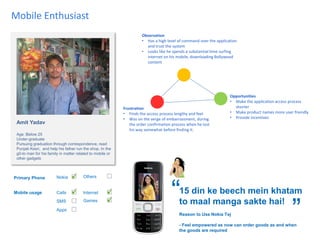 Amit Yadav 
Age :Below 25 
Under-graduate 
Pursuing graduation through correspondence, read Punjab Kesri, and help his father run the shop. In the g0-to man for his family in matter related to mobile or other gadgets 
Observation 
•Has a high level of command over the application and trust the system 
•Looks like he spends a substantial time surfing internet on his mobile, downloading Bollywood content 
Frustration 
•Finds the access process lengthy and feel 
•Was on the verge of embarrassment, during the order confirmation process when he lost his way somewhat before finding it. 
Opportunities 
•Make the application access process shorter 
•Make product names more user friendly 
•Provide incentives 
Primary Phone 
Calls 
SMS 
Internet 
Games 
Mobile usage 
Nokia 
Others 
Reason to Use Nokia Tej - Feel empowered as now can order goods as and when the goods are required 
“ 
15 din ke beech mein khatam to maal manga sakte hai! 
” 
Apps 
Mobile Enthusiast  