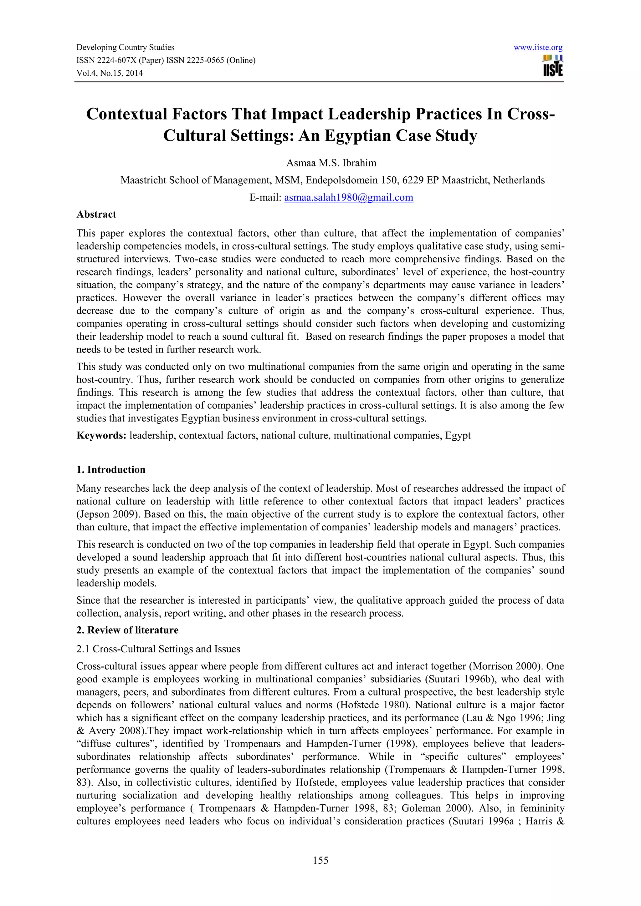 Contextual factors that impact leadership practices in cross | PDF