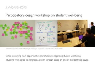 Workshop about student well-being. Runned byT. Tapola and E. Durall with Aalto students.
Participatory design workshop on student well-being
After identifying main opportunities and challenges regarding student well-being,
students were asked to generate a design concept based on one of the identiﬁed issues.
5.WORKSHOPS
 