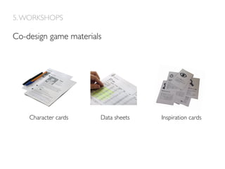 5.WORKSHOPS
Co-design game materials
Character cards Data sheets Inspiration cards
 