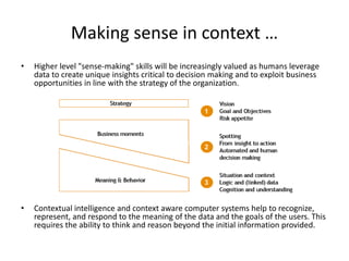 • Higher level "sense-making" skills will be increasingly valued as humans leverage
data to create unique insights critical to decision making and to exploit business
opportunities in line with the strategy of the organization.
• Contextual intelligence and context aware computer systems help to recognize,
represent, and respond to the meaning of the data and the goals of the users. This
requires the ability to think and reason beyond the initial information provided.
Making sense in context …
 