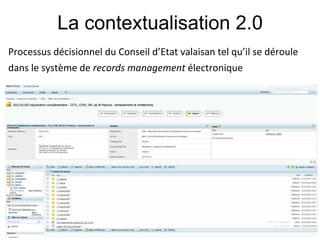 La contextualisation 2.0
Processus#décisionnel#du#Conseil#d’Etat#valaisan#tel#qu’il#se#déroule#
dans#le#système#de#records0management#électronique           !      !
      !!
 