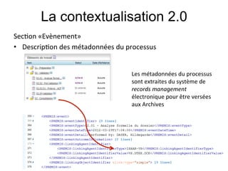 La contextualisation 2.0
Sec;on#«Evènement»#
•  Descrip;on#des#métadonnées#du#processus#
#
#                                  Les#métadonnées#du#processus#
                                   sont#extraites#du#système#de#
                                   records0management0
                                   électronique#pour#être#versées#
                                   aux#Archives#
 