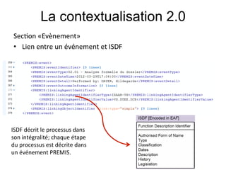 La contextualisation 2.0
Sec;on#«Evènement»#
•  Lien#entre#un#événement#et#ISDF#
#
#




ISDF#décrit#le#processus#dans#
son#intégralité;#chaque#étape#
du#processus#est#décrite#dans#
un#événement#PREMIS.#
 