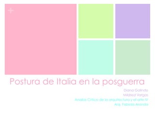 +
Postura de Italia en la posguerra
Diana Galindo
Mildred Vargas
Analisis Critico de la arquitectura y el arte IV
Arq. Fabiola Aranda
 