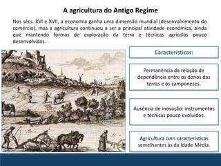 Permanência da relação de
dependência entre os donos das
terras e os camponeses.
Ausência de inovação: instrumentos
e técnicas pouco evoluídos.
Agricultura com características
semelhantes às da Idade Média.
A agricultura do Antigo Regime
Nos sécs. XVI e XVII, a economia ganha uma dimensão mundial (desenvolvimento do
comércio), mas a agricultura continuou a ser a principal atividade económica, ainda
que mantendo formas de exploração da terra e técnicas agrícolas pouco
desenvolvidas.
Características:
 