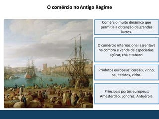 O comércio internacional assentava
na compra e venda de especiarias,
açúcar, chá e tabaco.
Produtos europeus: cereais, vinho,
sal, tecidos, vidro.
Principais portos europeus:
Amesterdão, Londres, Antuérpia.
Comércio muito dinâmico que
permitia a obtenção de grandes
lucros.
O comércio no Antigo Regime
 