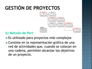 b) Método de Pert
 Es utilizado para proyectos más complejos
 Consiste en la representación gráfica de una
red de actividades que, cuando se colocan en
una cadena, permiten alcanzar los objetivos
de un proyecto.

 
