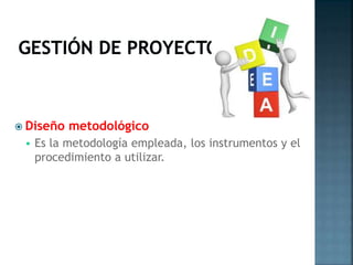  Diseño



metodológico

Es la metodología empleada, los instrumentos y el
procedimiento a utilizar.

 