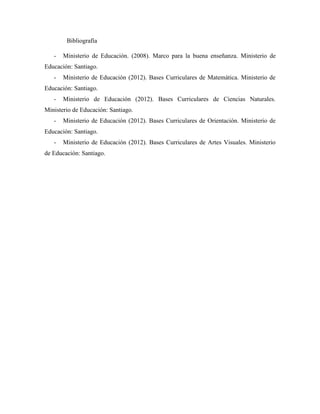 Bibliografía
- Ministerio de Educación. (2008). Marco para la buena enseñanza. Ministerio de
Educación: Santiago.
- Ministerio de Educación (2012). Bases Curriculares de Matemática. Ministerio de
Educación: Santiago.
- Ministerio de Educación (2012). Bases Curriculares de Ciencias Naturales.
Ministerio de Educación: Santiago.
- Ministerio de Educación (2012). Bases Curriculares de Orientación. Ministerio de
Educación: Santiago.
- Ministerio de Educación (2012). Bases Curriculares de Artes Visuales. Ministerio
de Educación: Santiago.
 