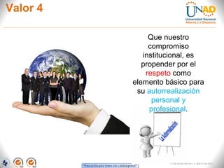 Valor 4
FI-GQ-GCMU-004-015 V. 000-27-08-2011
Que nuestro
compromiso
institucional, es
propender por el
respeto como
elemento básico para
su autorrealización
personal y
profesional.
 