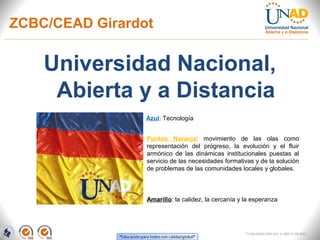 Universidad Nacional,
Abierta y a Distancia
FI-GQ-GCMU-004-015 V. 000-27-08-2011
ZCBC/CEAD Girardot
Azul: Tecnología
Amarillo: la calidez, la cercanía y la esperanza
Puntos Naranja: movimiento de las olas como
representación del progreso, la evolución y el fluir
armónico de las dinámicas institucionales puestas al
servicio de las necesidades formativas y de la solución
de problemas de las comunidades locales y globales.
 