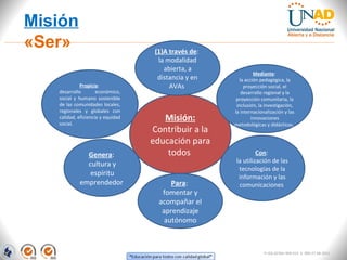 Misión
«Ser»
FI-GQ-GCMU-004-015 V. 000-27-08-2011
Misión:
Contribuir a la
educación para
todos
(1)A través de:
la modalidad
abierta, a
distancia y en
AVAs
Mediante:
la acción pedagógica, la
proyección social, el
desarrollo regional y la
proyección comunitaria, la
inclusión, la investigación,
la internacionalización y las
innovaciones
metodológicas y didácticas,
Con:
la utilización de las
tecnologías de la
información y las
comunicacionesPara:
fomentar y
acompañar el
aprendizaje
autónomo
Genera:
cultura y
espíritu
emprendedor
Propicia:
desarrollo económico,
social y humano sostenible
de las comunidades locales,
regionales y globales con
calidad, eficiencia y equidad
social.
 