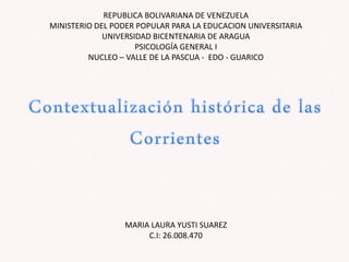 REPUBLICA BOLIVARIANA DE VENEZUELA
MINISTERIO DEL PODER POPULAR PARA LA EDUCACION UNIVERSITARIA
UNIVERSIDAD BICENTENARIA DE ARAGUA
PSICOLOGÍA GENERAL I
NUCLEO – VALLE DE LA PASCUA - EDO - GUARICO
MARIA LAURA YUSTI SUAREZ
C.I: 26.008.470
 