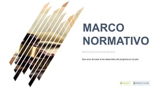 NORMATIVO
MARCO
Que sirve de base al los desarrollos del programa en el país
 