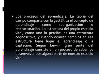  Los procesos del aprendizaje, La teoría del
campo comparte con la gestáltica el concepto de
aprendizaje como reorganización o
restructuración. La estructura del propio espacio
vital, como uno lo percibe, es una estructura
cognoscitiva, y cuando ocurren cambios en esa
estructura tiene lugar el aprendizaje o la
captación. Según Lewin, gran parte del
aprendizaje consiste en un proceso de sabernos
desenvolver por alguna parte de nuestro espacio
vital.
 