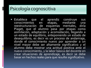Psicologíacognoscitiva
 Establece que el aprendiz construye sus
conocimientos en etapas, mediante una
reestructuración de esquemas mentales, diría
Piaget, que el alumno pasa por etapas como
asimilación, adaptación y acomodación, llegando a
un estado de equilibrio, anteponiendo un estado de
desequilibrio, es decir es un proceso de andamiaje,
donde el conocimiento nuevo por aprender a un
nivel mayor debe ser altamente significativo y el
alumno debe mostrar una actitud positiva ante el
nuevo conocimiento, y la labor básica del docente en
crear situaciones de aprendizaje, es decir se debe
basar en hechos reales para que resulte significativo.
 