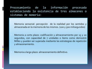 Procesamiento de la información procesada
estableciendo la existencia de tres almacenes o
sistemas de memoria:
 Memoria sensorial: percepción de la realidad por los sentidos y
almacenada en la memoria de los mismos. (100 y 500 milisegundos)
 Memoria a corto plazo: codificación y almacenamiento por 15 y 20
segundos, con capacidad de 7 unidades o ítems como demostró
Milles y pueden ser superada mediante las estrategias de repetición
y almacenamiento.
 Memoria a largo plazo: almacenamiento definitivo.
 