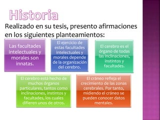 Realizado en su tesis, presento afirmaciones
en los siguientes planteamientos:
Las facultades
intelectuales y
morales son
innatas.
El ejercicio de
estas facultades
intelectuales y
morales depende
de la organización
del cerebro.
El cerebro es el
órgano de todas
las inclinaciones,
instintos y
facultades.
El cerebro está hecho de
muchos órganos
particulares, tantos como
inclinaciones, instintos y
facultades, los cuales
difieren unos de otros.
El cráneo refleja el
crecimiento de las zonas
cerebrales. Por tanto,
midiendo el cráneo se
pueden conocer datos
mentales.
 