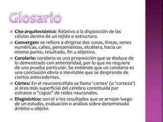 Cito-arquitectónico: Relativo a la disposición de las
células dentro de un tejido o estructura.
 Convergen: se refiere a dirigirse dos cosas, líneas, series
numéricas, calles, pensamientos, etcétera, hacia un
mismo punto, resultado, fin u objetivo.
 Corolario: corolario es una proposición que se deduce de
lo demostrado con anterioridad, por lo que no requiere
de una prueba particular. Se entiende que un corolario es
una conclusión obvia o inevitable que se desprende de
ciertos antecedentes.
 Córtex: En el neuroencéfalo se llama 'cortex' (o 'corteza')
al área más superficial del cerebro constituida por
estratos o "capas" de redes neuronales.
 Diagnóstico: son el o los resultados que se arrojan luego
de un estudio, evaluación o análisis sobre determinado
ámbito u objeto.
 
