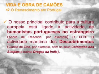 VIDA E OBRA DE CAMÕES    O Renascimento em Portugal    O nosso principal contributo para a cultura europeia está ligado à actividade de  humanistas portugueses no estrangeiro  ( André de Resende, por exemplo ) e com a actividade marítima dos  Descobrimentos  ( Garcia de Orta, por exemplo, com os seus  Colóquios dos Simples  e outras  Drogas da Índia ).  