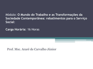 Prof. Msc. Araré de Carvalho Júnior
Módulo: O Mundo do Trabalho e as Transformações da
Sociedade Contemporânea: rebatimentos para o Serviço
Social:
Carga Horária: 16 Horas
 