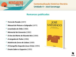  Terra do Pecado (1947)
 Manual de Pintura e Caligrafia (1977)
 Levantado do Chão (1980)
 Memorial do Convento (1982)
 O Ano da Morte de Ricardo Reis (1984)
 A Jangada de Pedra (1986)
 História do Cerco de Lisboa (1989)
 O Evangelho Segundo Jesus Cristo (1991)
 Ensaio Sobre a Cegueira (1995)
Romances publicados
Contextualização histórico-literária
Unidade 4 – José Saramago
 