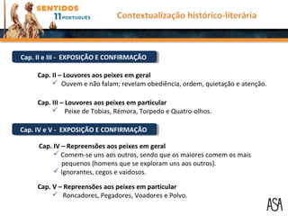 Cap. II e III - EXPOSIÇÃO E CONFIRMAÇÃOCap. II e III - EXPOSIÇÃO E CONFIRMAÇÃO
Cap. II – Louvores aos peixes em geral
 Ouvem e não falam; revelam obediência, ordem, quietação e atenção.
Cap. III – Louvores aos peixes em particular
 Peixe de Tobias, Rémora, Torpedo e Quatro-olhos.
Cap. IV e V - EXPOSIÇÃO E CONFIRMAÇÃOCap. IV e V - EXPOSIÇÃO E CONFIRMAÇÃO
Cap. IV – Repreensões aos peixes em geral
 Comem-se uns aos outros, sendo que os maiores comem os mais
pequenos (homens que se exploram uns aos outros).
 Ignorantes, cegos e vaidosos.
Cap. V – Repreensões aos peixes em particular
 Roncadores, Pegadores, Voadores e Polvo.
Contextualização histórico-literária
 