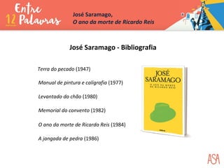 Terra do pecado (1947)
Manual de pintura e caligrafia (1977)
Levantado do chão (1980)
Memorial do convento (1982)
O ano da morte de Ricardo Reis (1984)
A jangada de pedra (1986)
José Saramago - Bibliografia
José Saramago,
O ano da morte de Ricardo Reis
 