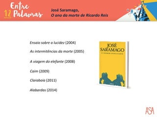 Ensaio sobre a lucidez (2004)
As intermitências da morte (2005)
A viagem do elefante (2008)
Caim (2009)
Claraboia (2011)
Alabardas (2014)
José Saramago,
O ano da morte de Ricardo Reis
 