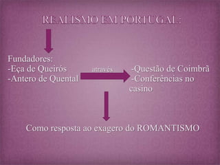 Fundadores: 
-Eça de Queirós através -Questão de Coimbrã 
-Antero de Quental -Conferências no 
casino 
Como resposta ao exagero do ROMANTISMO 
 