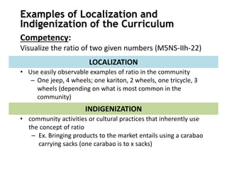 Competency:
Visualize the ratio of two given numbers (M5NS-IIh-22)
• Use easily observable examples of ratio in the community
– One jeep, 4 wheels; one kariton, 2 wheels, one tricycle, 3
wheels (depending on what is most common in the
community)
LOCALIZATION
• community activities or cultural practices that inherently use
the concept of ratio
– Ex. Bringing products to the market entails using a carabao
carrying sacks (one carabao is to x sacks)
INDIGENIZATION
Examples of Localization and
Indigenization of the Curriculum
 