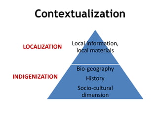 2
8
Local information,
local materials
Bio-geography
History
Socio-cultural
dimension
LOCALIZATION
INDIGENIZATION
Contextualization
 