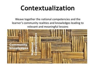 Weave together the national competencies and the
learner’s community realities and knowledges leading to
relevant and meaningful lessons
3
2
National
Competencies
Community
knowledges
Contextualization
 