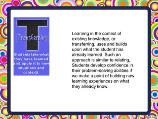 Learning in the context of
existing knowledge, or
transferring, uses and builds
upon what the student has
already learned. Such an
approach is similar to relating,
Students develop confidence in
their problem-solving abilities if
we make a point of building new
learning experiences on what
they already know.
 
