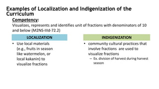 Competency:
Visualizes, represents and identifies unit of fractions with denominators of 10
and below (M2NS-IIId-72.2)
• Use local materials
(e.g., fruits in season
like watermelon, or
local kakanin) to
visualize fractions
LOCALIZATION
• community cultural practices that
involve fractions are used to
visualize fractions
– Ex. division of harvest during harvest
season
INDIGENIZATION
Examples of Localization and Indigenization of the
Curriculum
 