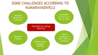 SOME CHALLENGES ACCORDING TO 
KUMARAVADIVELU 
TEACHING AS A SOCIAL 
PRACTICE 
Personal 
Reflection to 
Transform 
AUTONOMY 
on the way in 
how to teach 
Social 
practice in 
which there is 
a diversity 
Educative 
Gestion 
Rethink about 
personal 
Identity 
